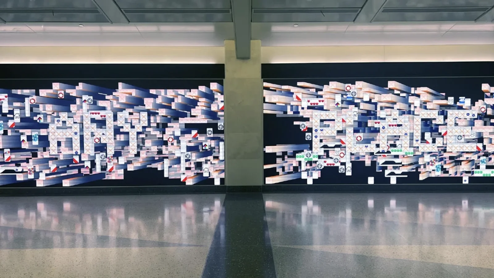 グランドセントラル・マディソンのMTA Arts & Designによるデジタルアート委嘱──LIRRコンコースの5枚の大型LEDスクリーンに、Yehwan Song作『Anyplace, Anytime, Anywhere』のデジタルアイコンが地下鉄路線のように動く様子