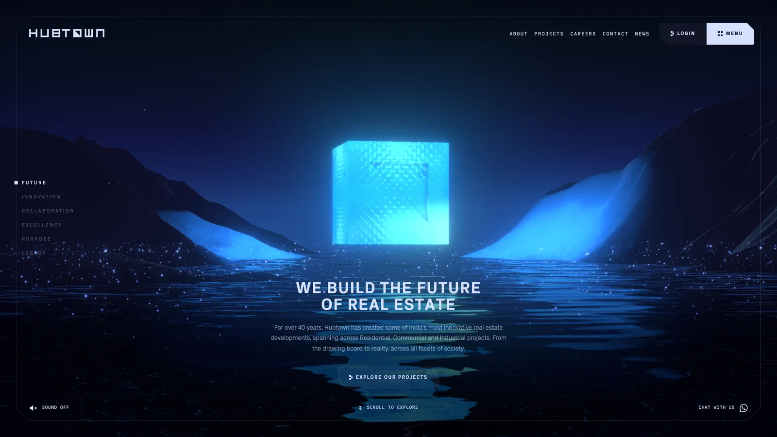 Hubtown real-estate site, glowing 3D monolith over water in Three.js with WebGL and GSAP