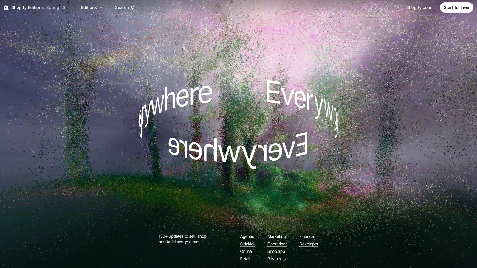 Shopify Editions Spring 2026, scroll-driven 3D product showcase with particle dispersion