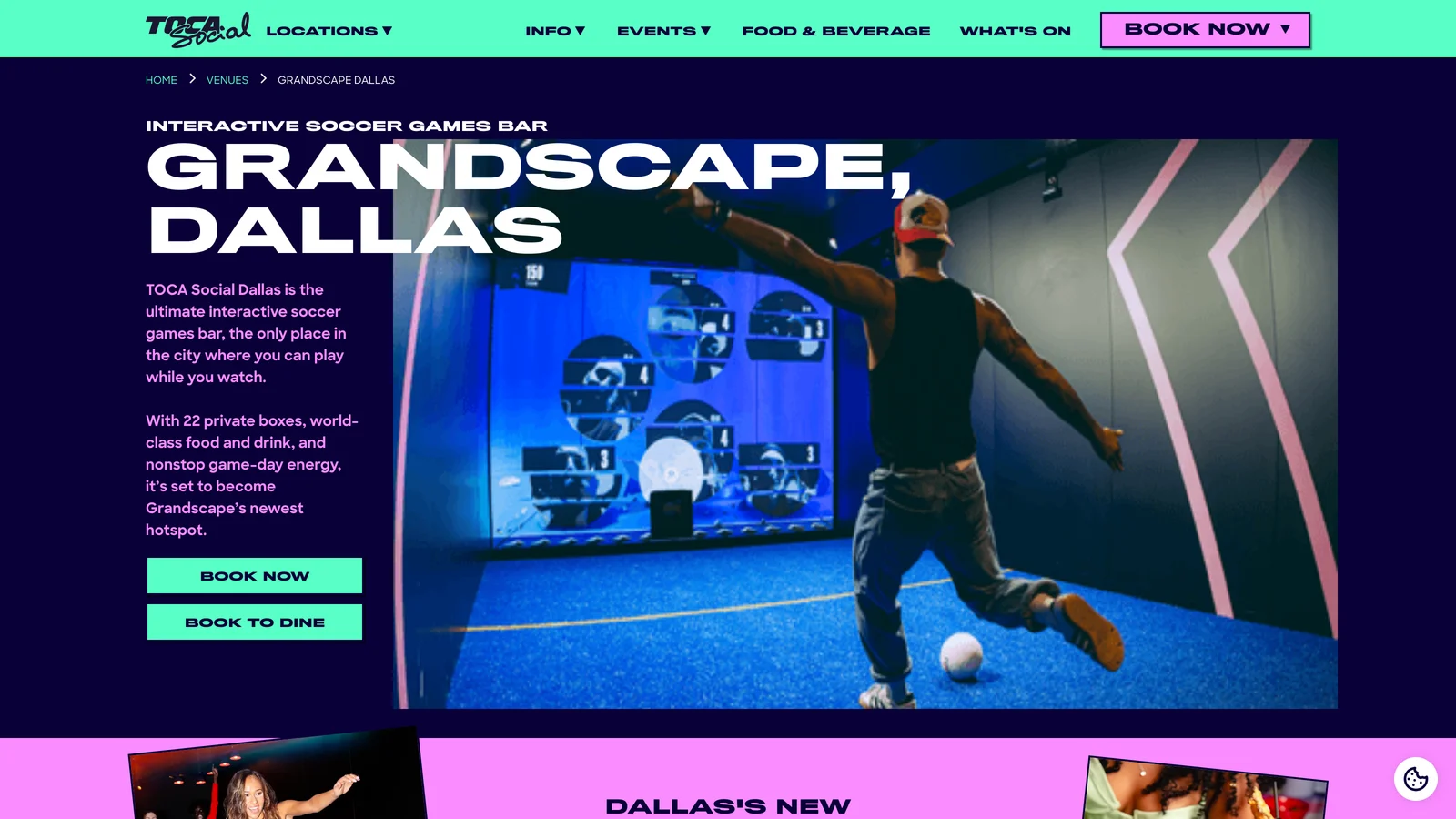 TOCA Social Grandscape Dallas: a player striking a ball at a wall-sized digital target board inside a private soccer box