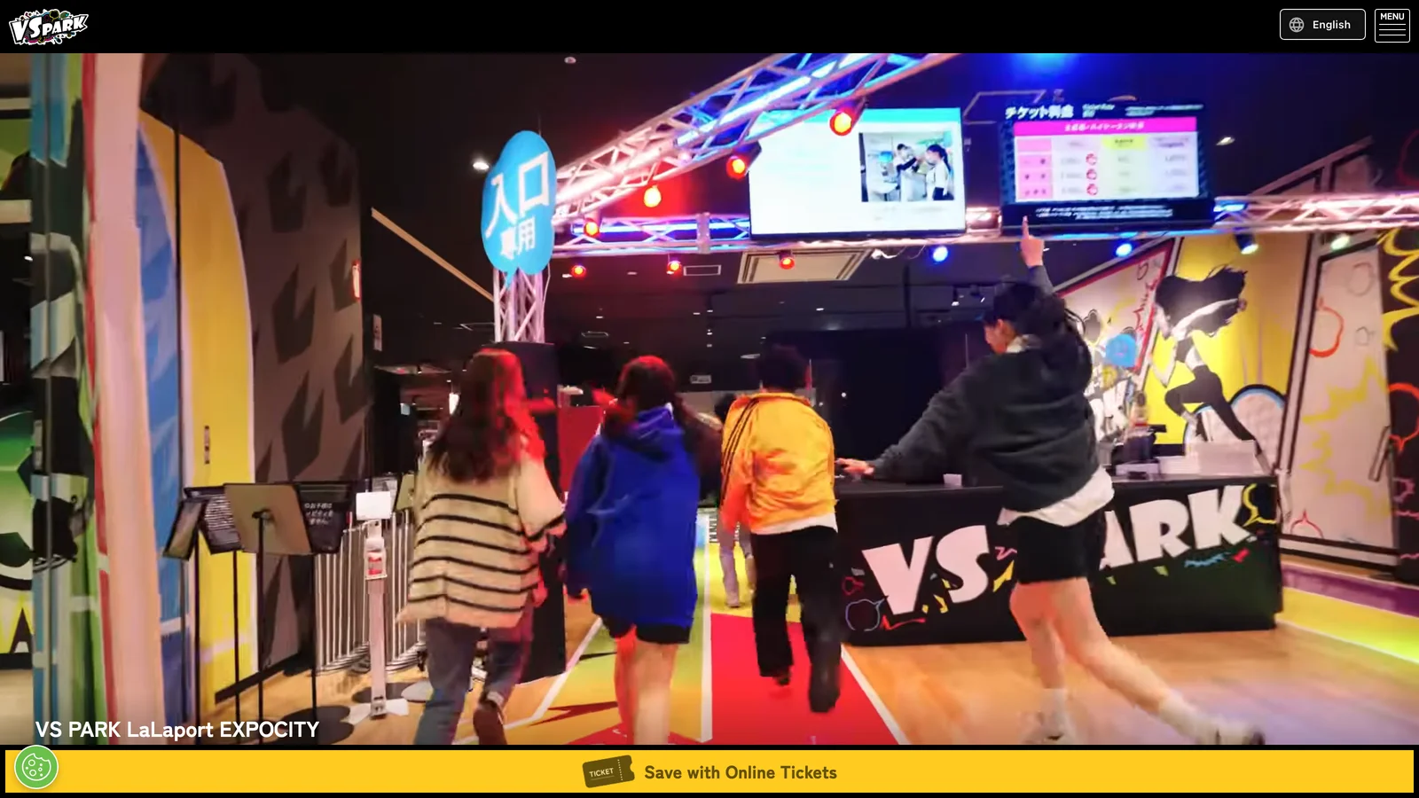 VS PARK LaLaport EXPOCITY in Suita, Osaka: guests running into a brightly lit activity floor of motion-based sports bays