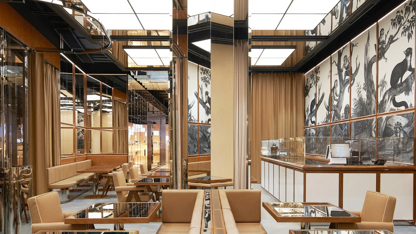 Burberry Social Retail Store in Shenzhen, interior with digital screens and a mirrored living sculpture