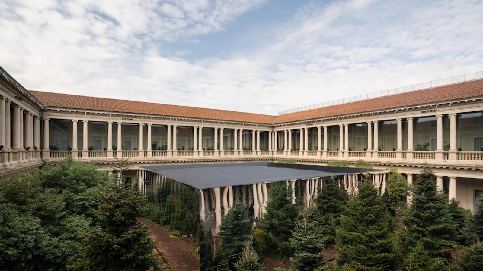 The colonnaded courtyard of Portrait Milano, the venue for Moncler's Beyond Performance Exhibit
