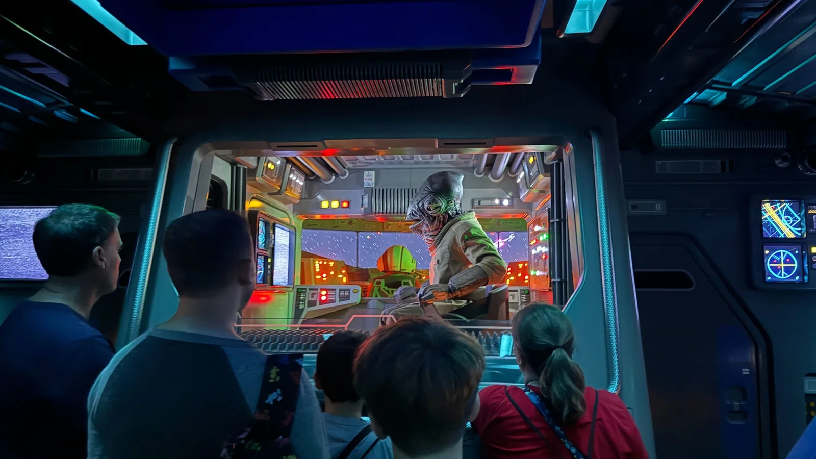 Star Wars Rise of the Resistance pre-show queue with life-size Star Destroyer hangar and immersive lighting