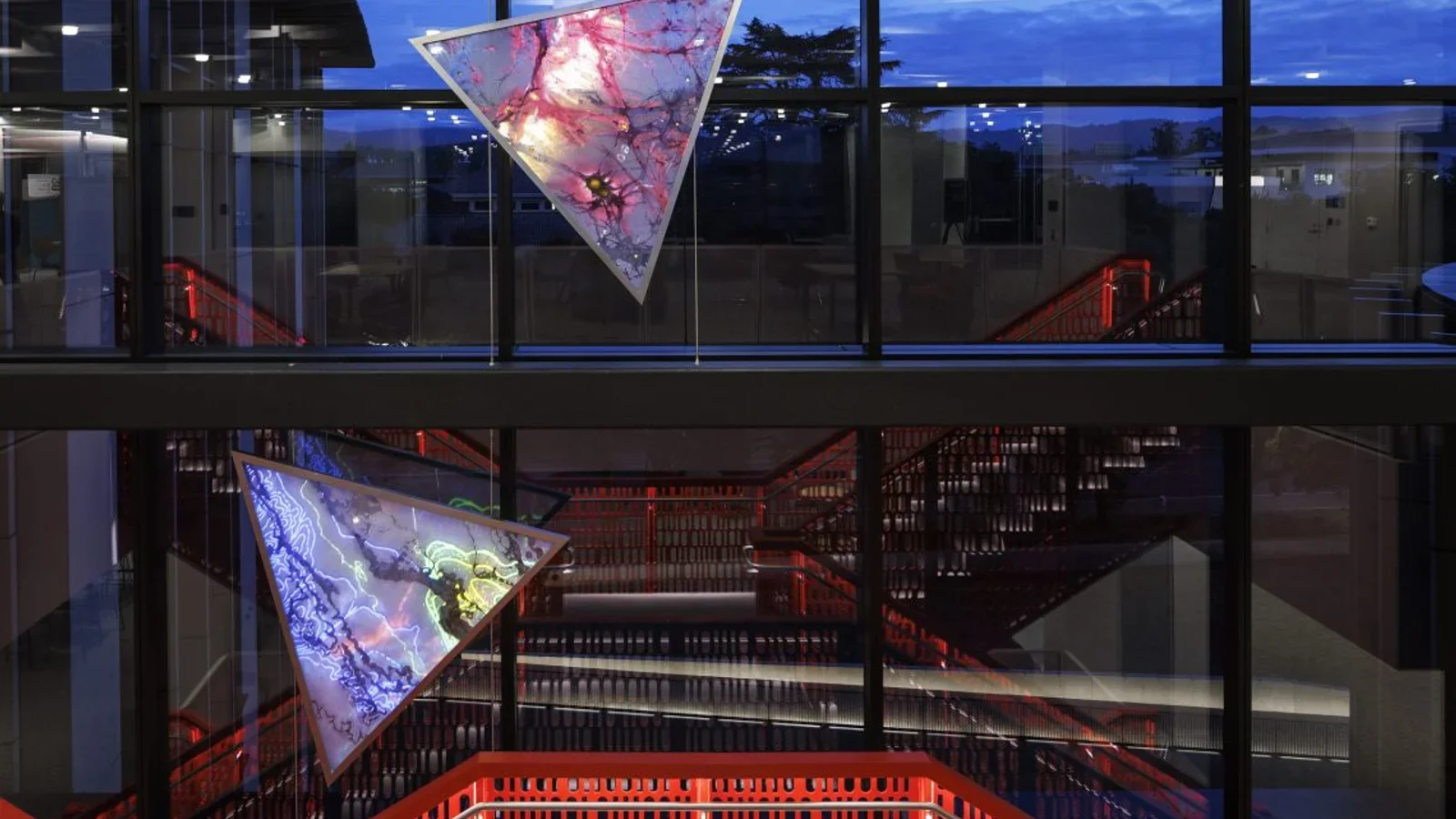 Fathom interactive glass art installation by Camille Utterback at Stanford CoDa Building