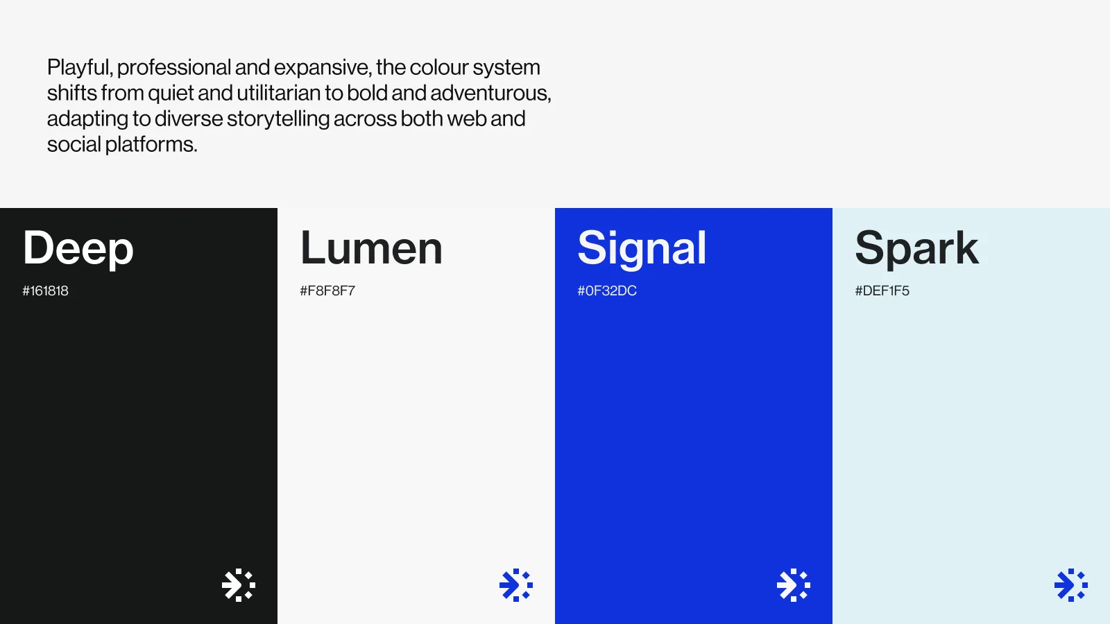 Vectr color system: Deep #161818, Lumen #F8F8F7, Signal #0F32DC, and Spark #DEF1F5