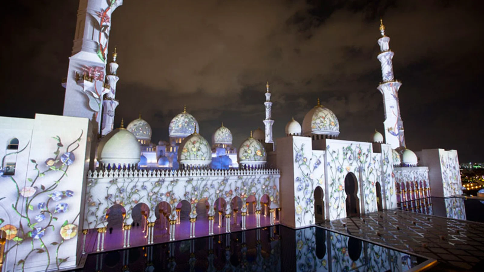 Sheikh Zayed Grand Mosque projection mapping by Obscura Digital with floral and geometric patterns across facade and domes